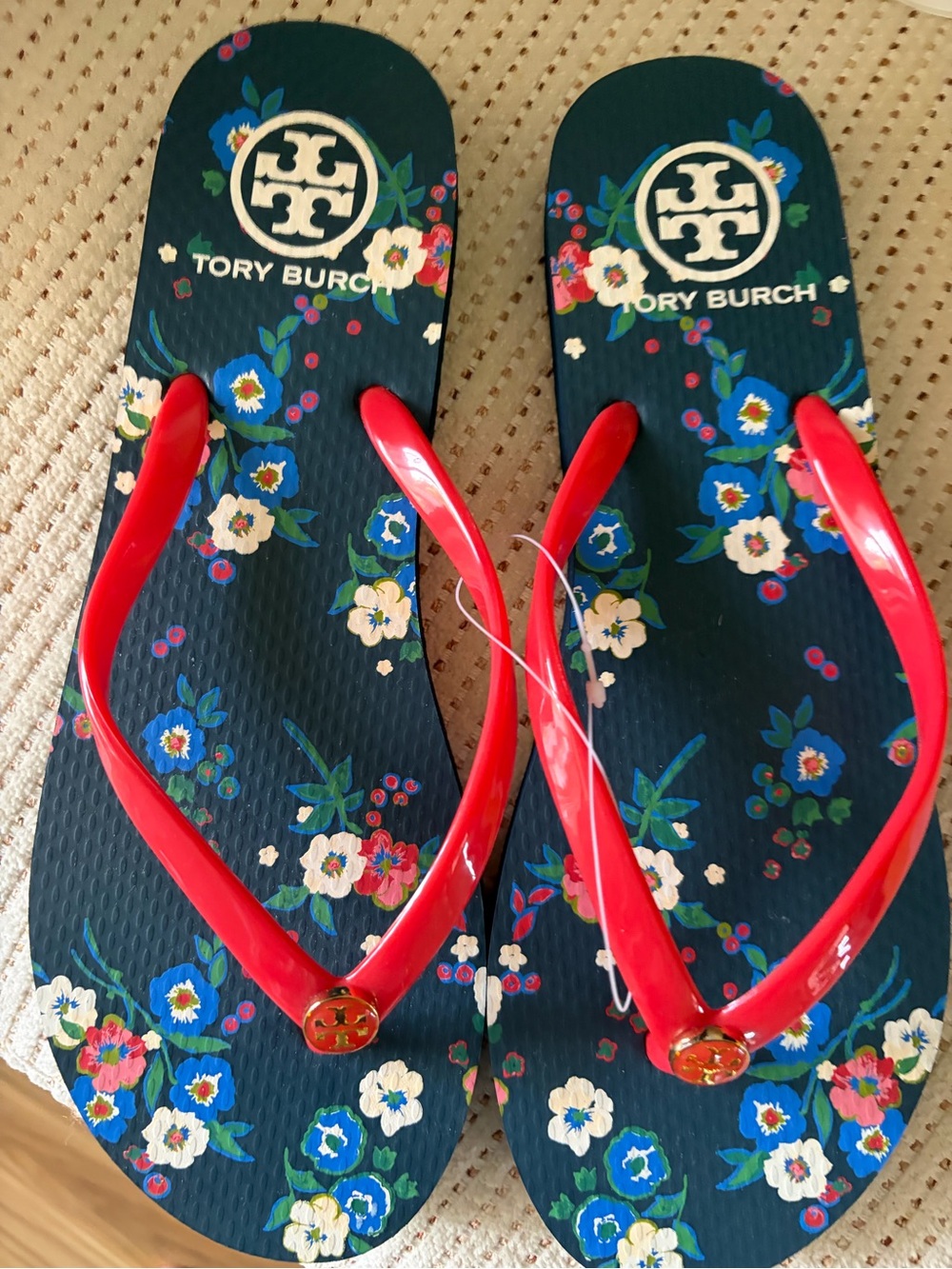Brand NewTory Burch Navy Floral Flip Flops with Red Straps